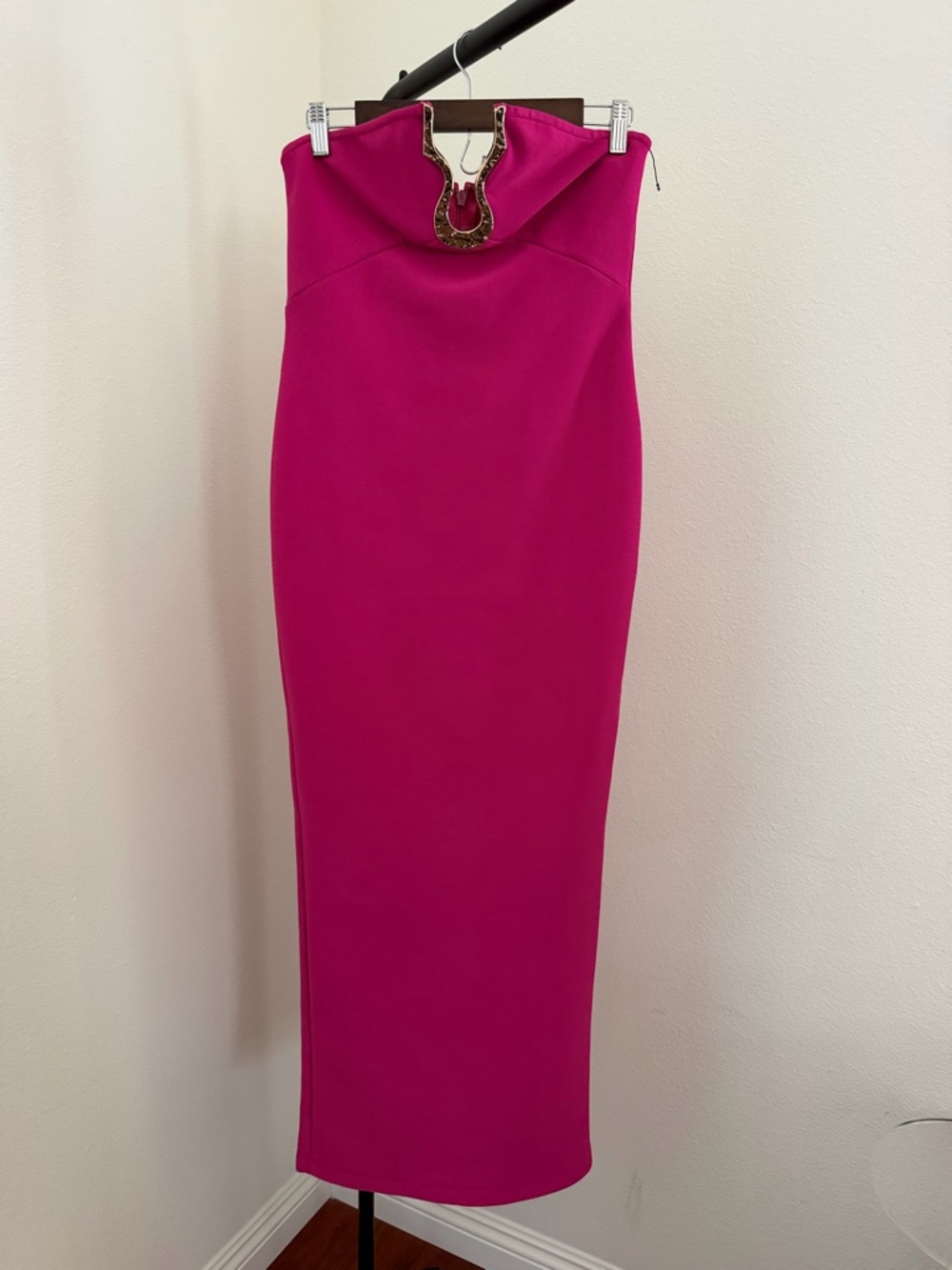 Fashion Nova Strapless Hot Pink Midi Dress with Gold Accent - Picture 2 of 6